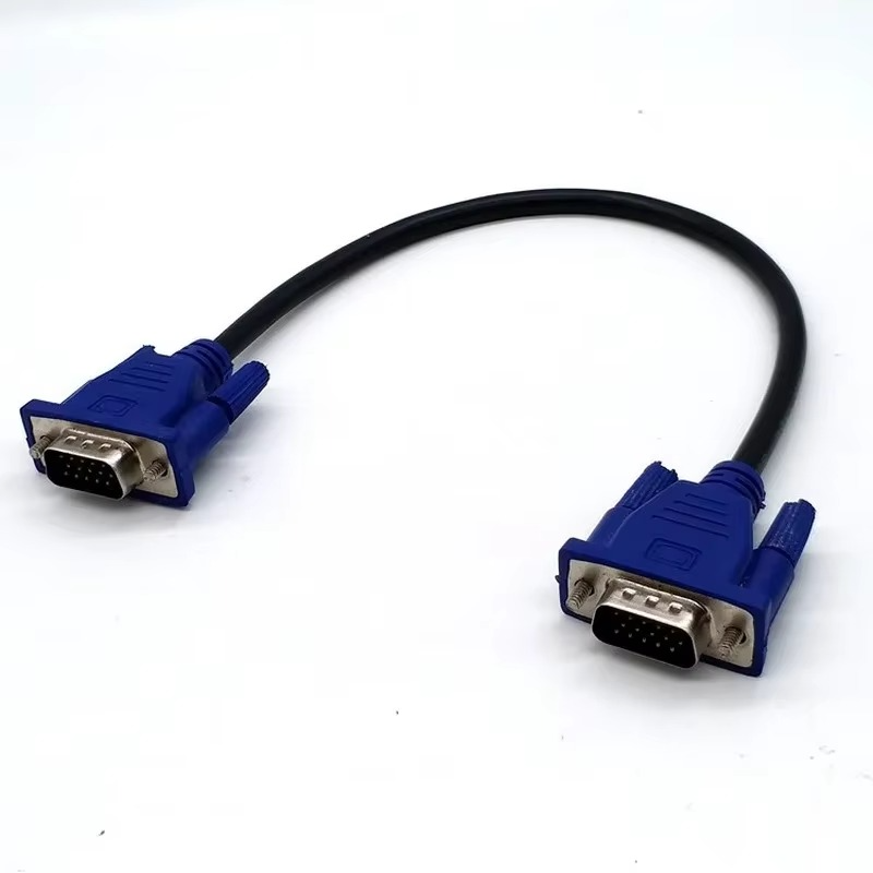 Close-up of the 15-pin connector ends on VGA cable.