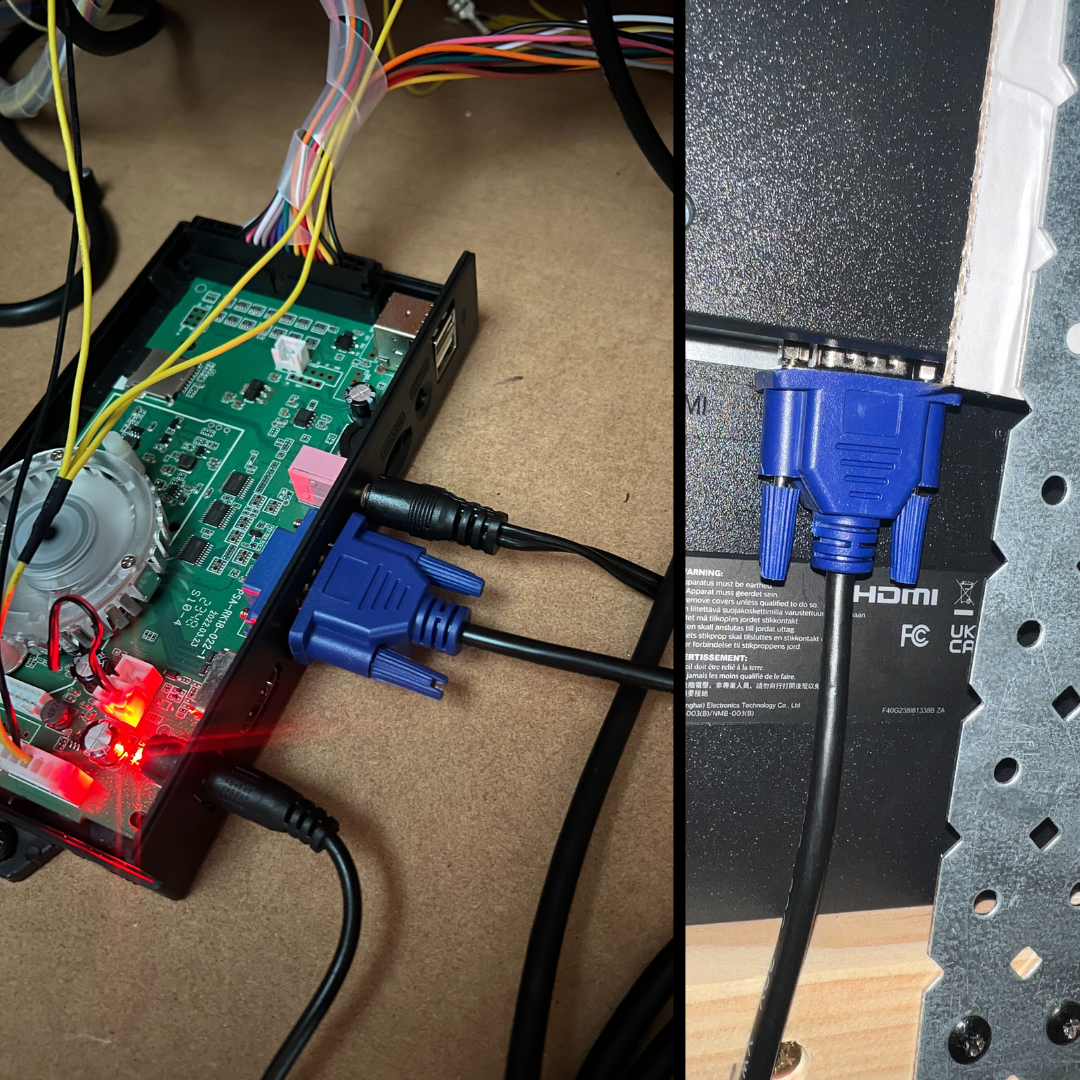 VGA cable installed inside arcade machine connecting to monitor.