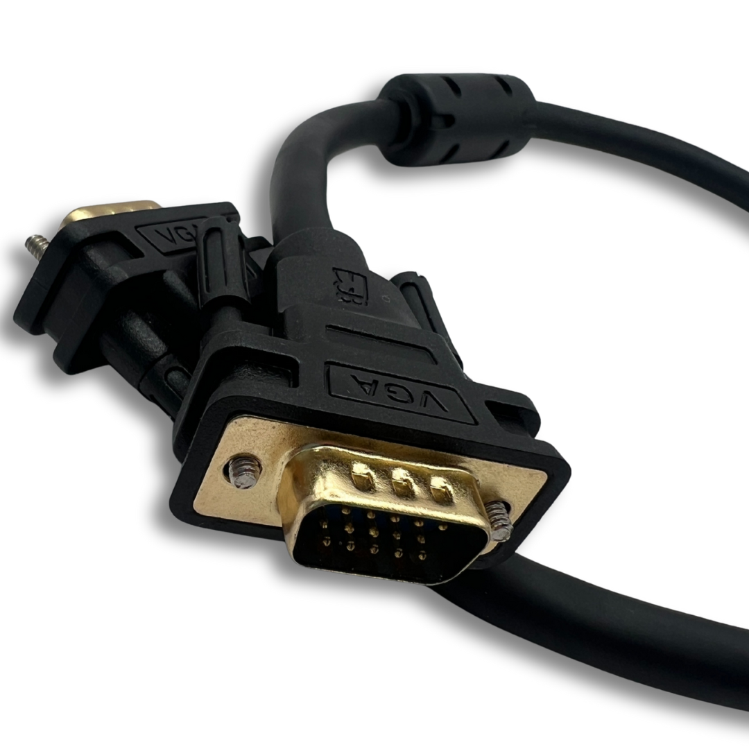 Side view of VGA cable showing dual male connectors and durable design