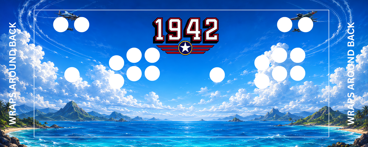 1942 Modern Air Combat inspired arcade control panel overlay with 2 player button layout featuring bold 1942 logo against a cinematic Pacific scene with fighter planes and tropical island scenery for DIY arcade cabinet builds.