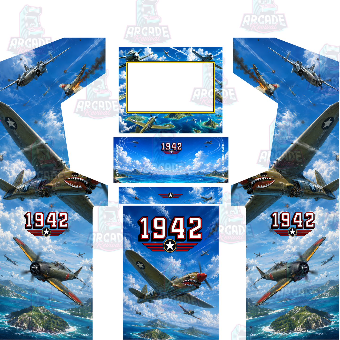 1942 Modern Arcade Cabinet Wrap Kit without marquee, featuring cinematic aerial combat artwork, tropical island scenery, screen surround, control panel and matching side panels.