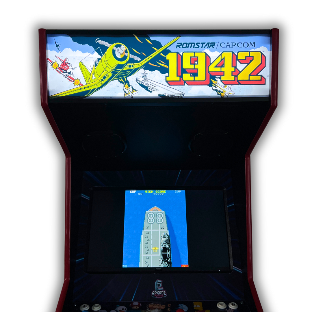 Front view of 1942 reproduction arcade marquee installed on cabinet, glowing brightly with classic Capcom artwork.
