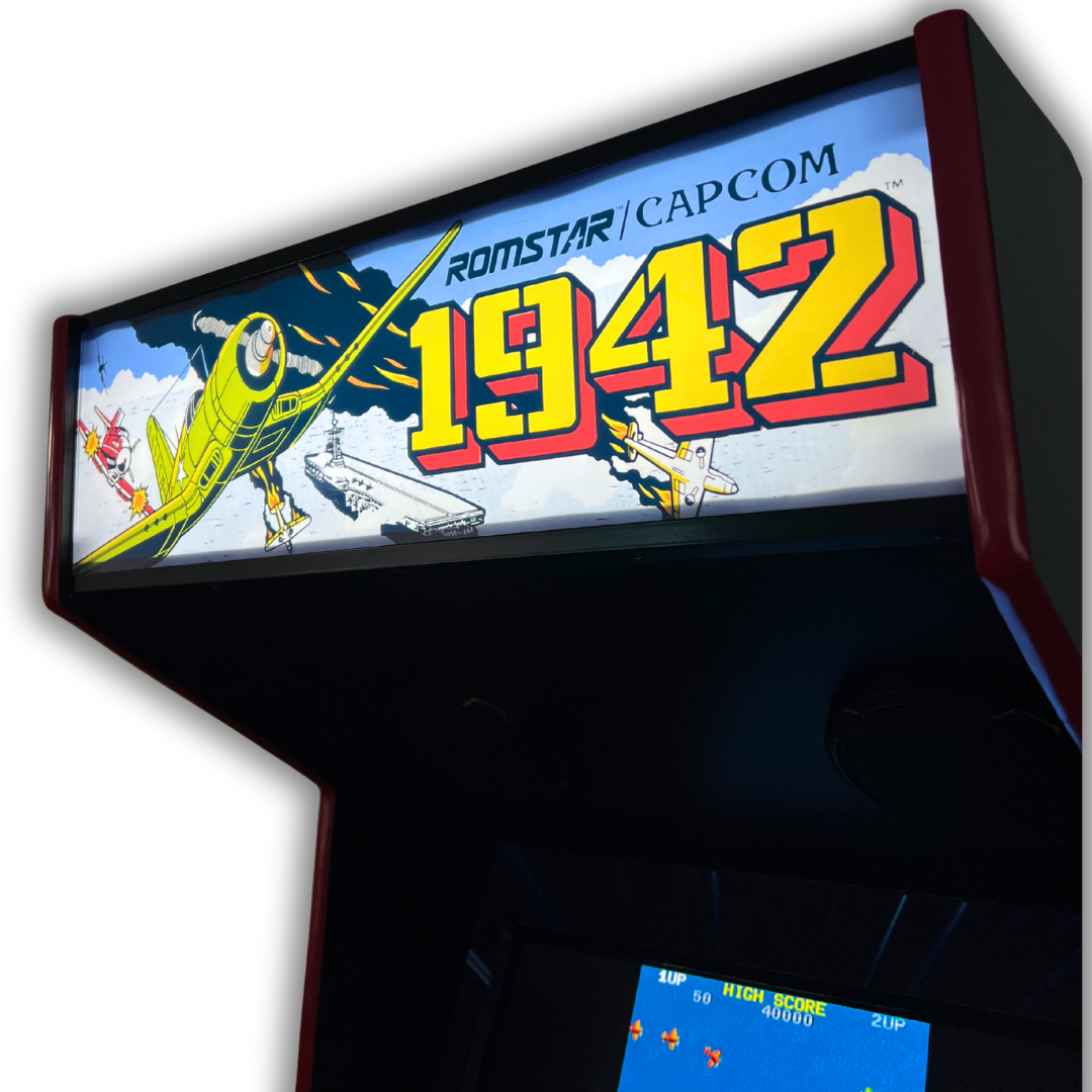 1942 reproduction arcade marquee installed on an arcade cabinet, side view with backlit display.