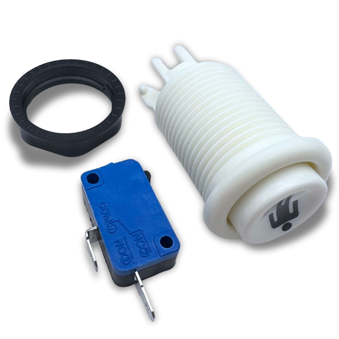 Disassembled 1P white arcade button with microswitch and fixing ring
