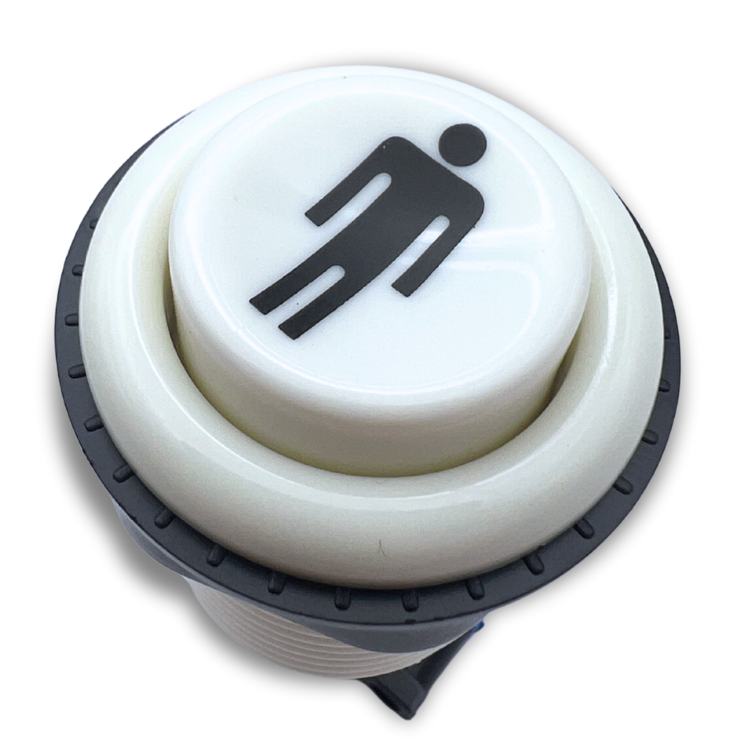 Close-up angled view of 1P white arcade button with player icon