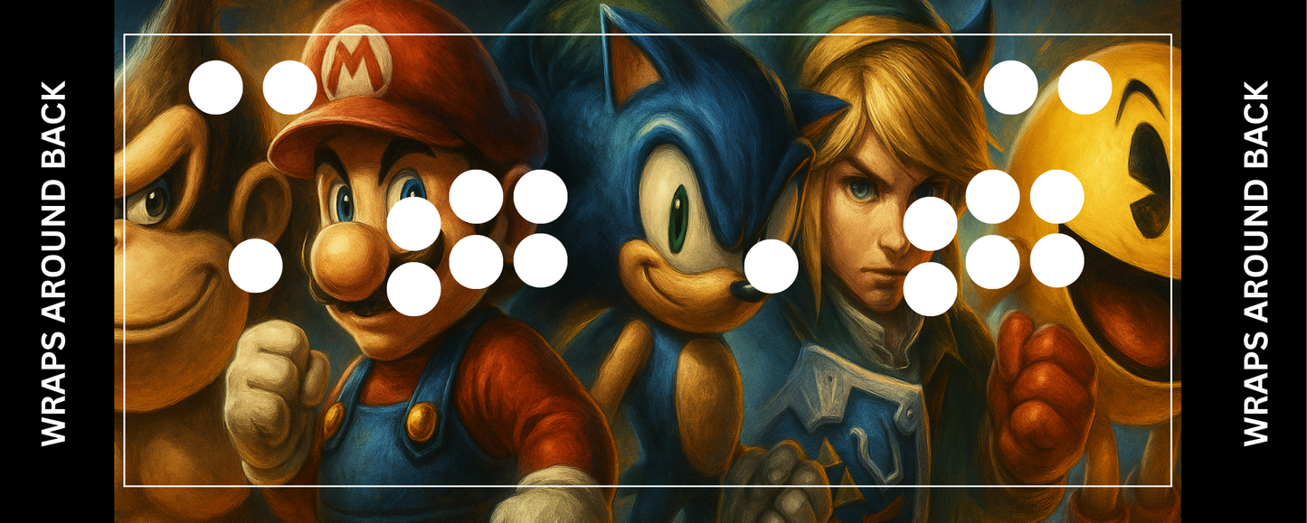 Arcade control panel artwork with button layout overlay showcasing 8-bit gaming legends in a wide panoramic design