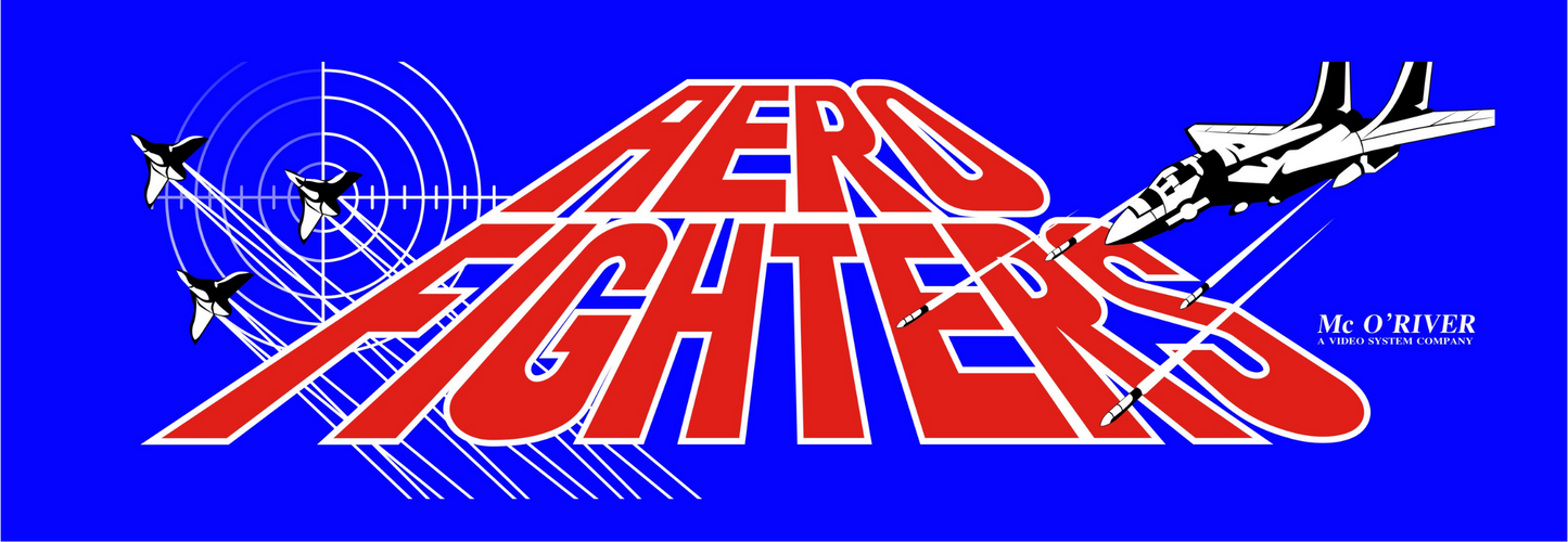 Aero Fighters reproduction arcade marquee with vibrant blue background and jet artwork