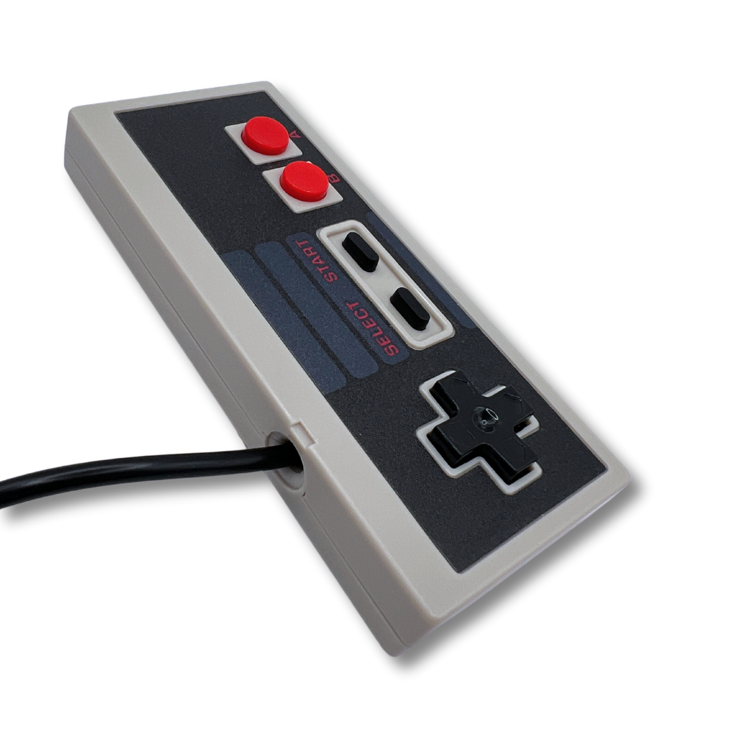 Angled front view of NES-style USB controller featuring red A/B buttons, black D-pad, and trailing black cable — ideal for retro gaming setups.