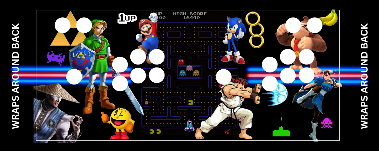 Arcade All-Stars II control panel wrap featuring retro gaming heroes with button layout overlay for arcade machine.