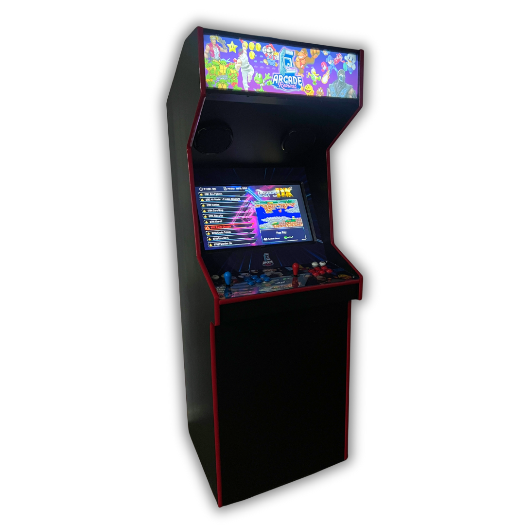 Full-size arcade cabinet featuring the Arcade All-Stars light-up marquee installed, showcasing vibrant retro characters and a glowing marquee display.