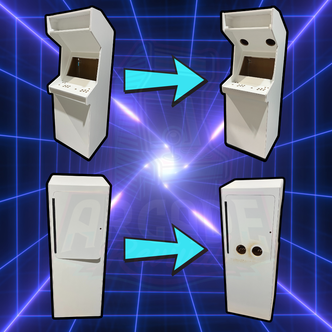 Before and after comparison of ventilation hole installation in a white arcade cabinet, showing side and rear panel transformation