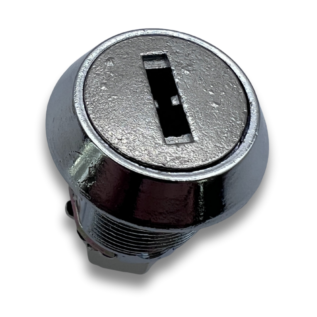 Rear view of arcade cabinet lock barrel showing cam slot mechanism