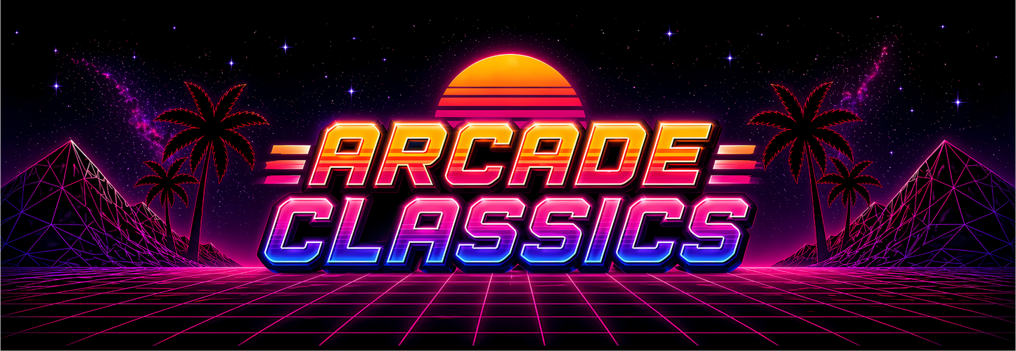Arcade Classics Neon Horizon marquee featuring bold neon lettering, retro sunset, glowing grid floor and silhouetted palm trees against a deep cosmic backdrop for arcade cabinets.