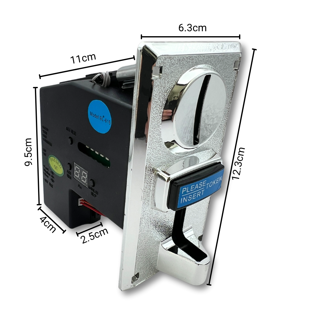 Arcade coin acceptor with labeled dimensions: 12.3cm height, 6.3cm width, 11cm depth, 9.5cm back panel height, and 4cm + 2.5cm rear depth sections