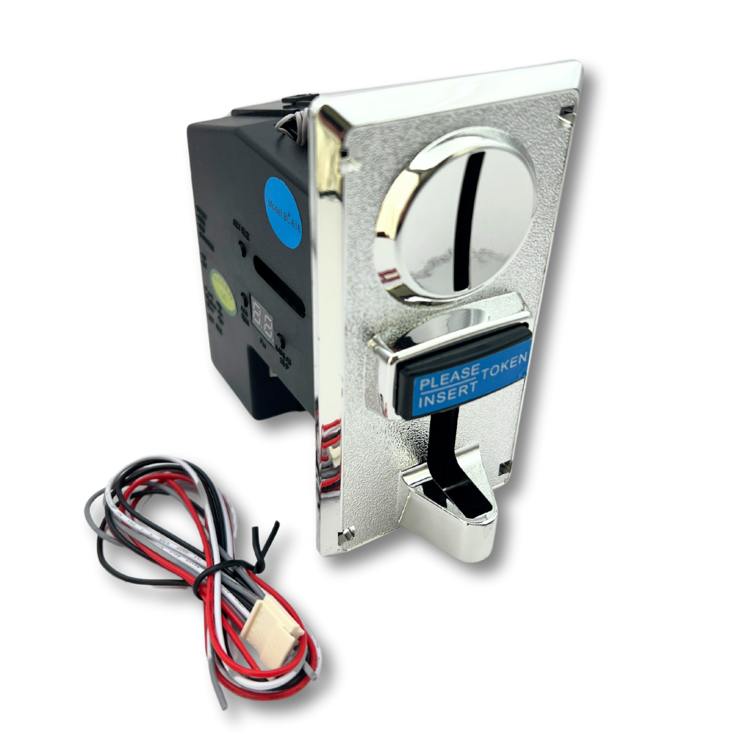 Arcade coin acceptor with chrome faceplate and wiring harness, angled front view