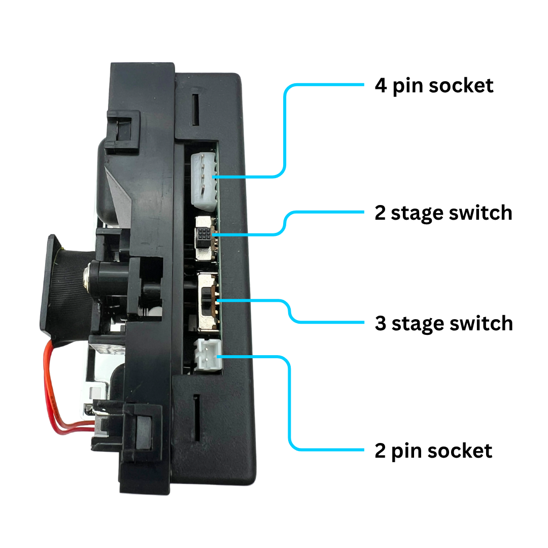 Arcade coin acceptor showing labeled 4 pin socket, 2 stage switch, 3 stage switch, and 2 pin socket for easy setup
