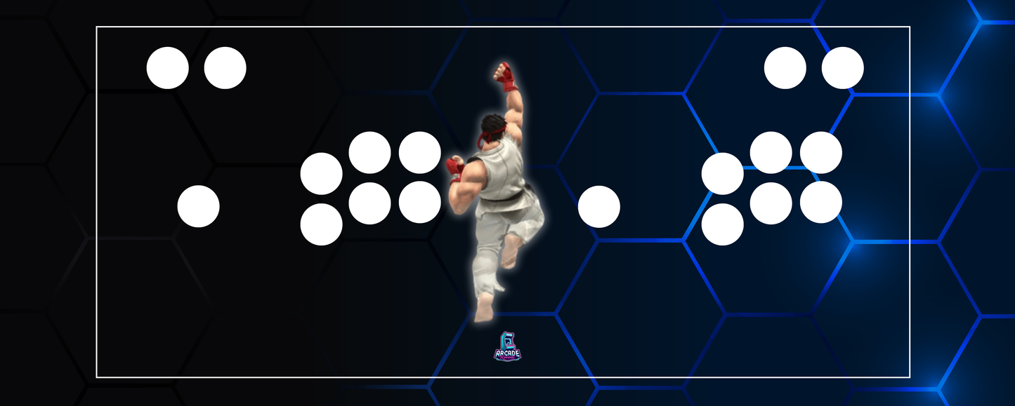 Arcade Champion control panel overlay with fighter uppercut and button layout preview over a glowing hexagon background