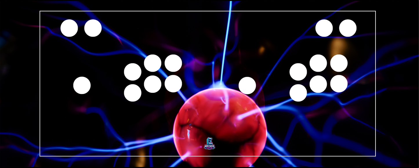 Plasma Surge arcade control panel overlay with button layout preview and electric plasma energy design bursting from a red orb