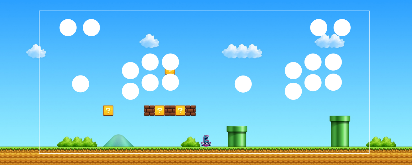 Platform Classic arcade control panel overlay with button layout over retro platform-style terrain and block design