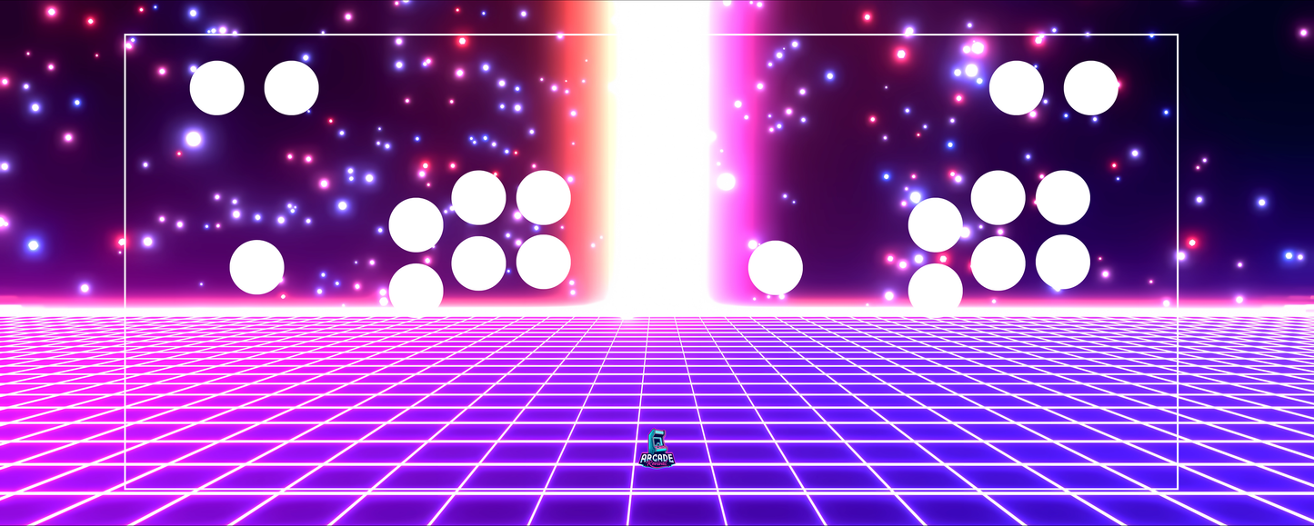 Quantum Overload control panel artwork with 2-player button layout preview and neon burst effect across a retro grid background by Arcade Revival