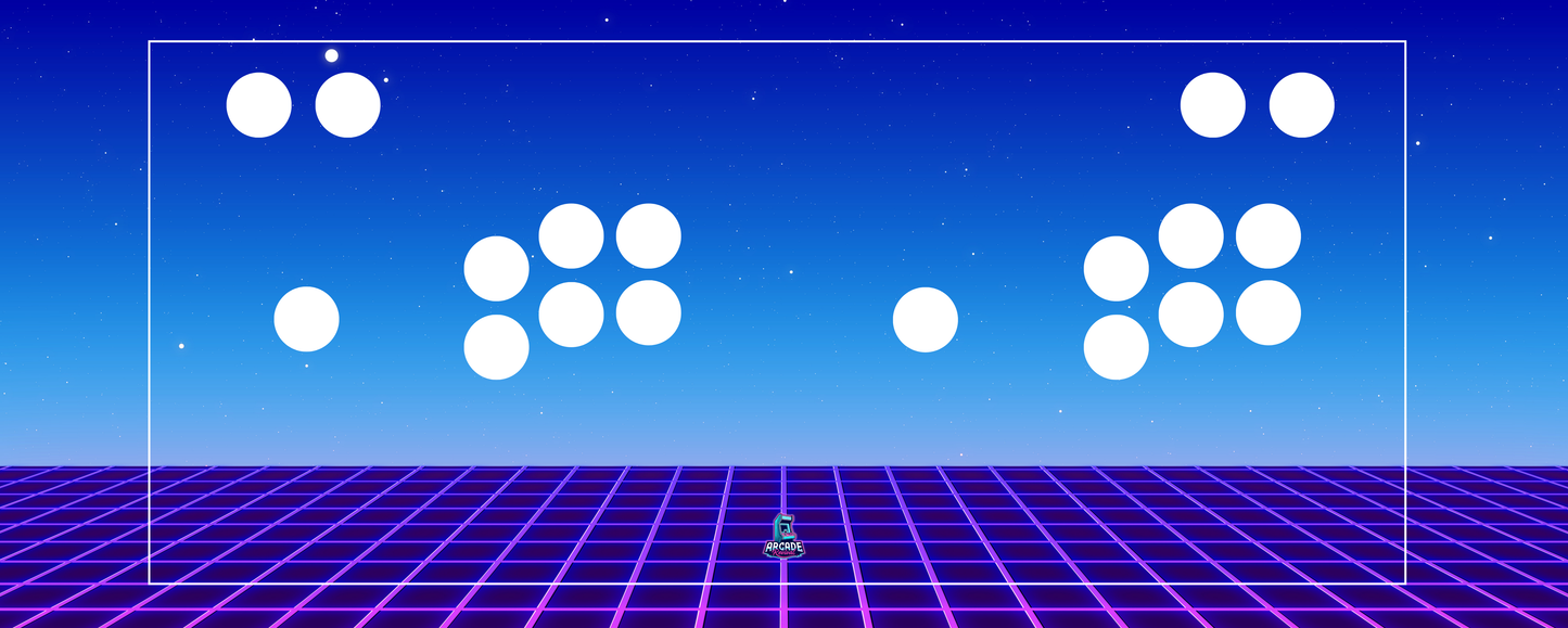 Retro Horizon arcade control panel artwork with white button layout overlay and purple neon grid beneath a starry twilight sky