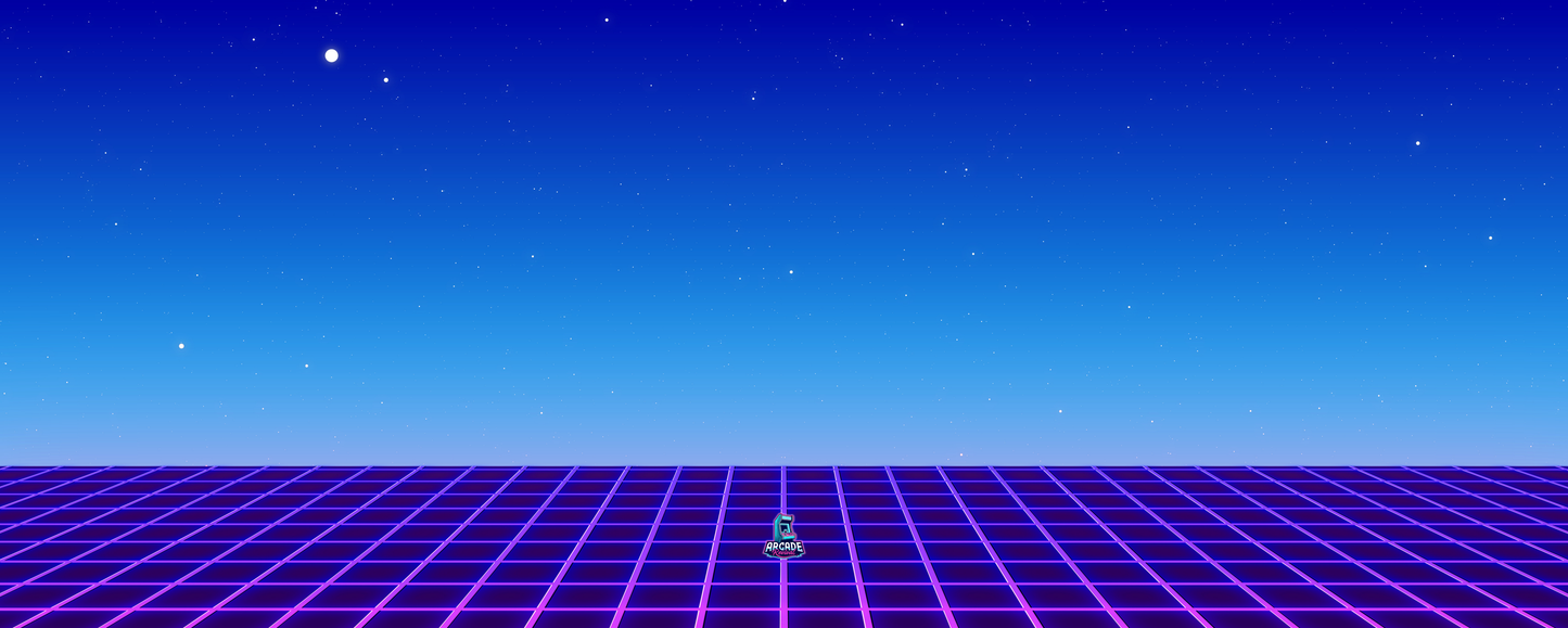 Horizon arcade control panel artwork featuring a glowing purple grid and twilight sky with starry backdrop