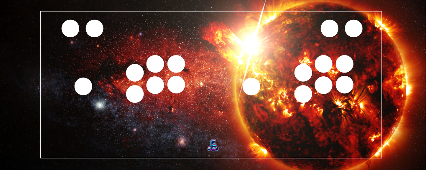 Solar Flare arcade control panel overlay with button layout and intense solar eruption artwork for arcade cabinets