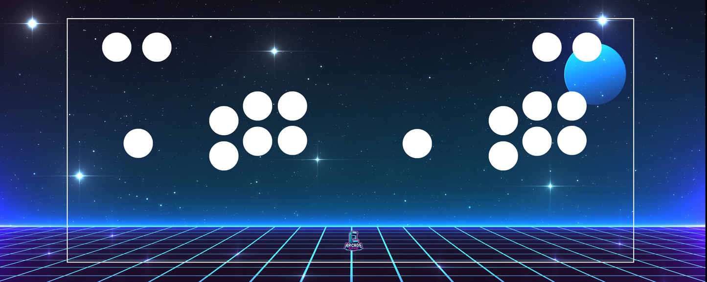 Starcade arcade control panel overlay by Arcade Revival with button layout preview on cosmic star grid background and glowing horizon