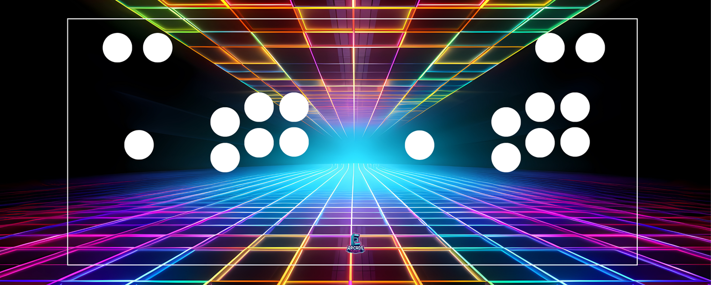 Synth Surge arcade control panel overlay with button layout preview and vibrant neon grid tunnel design
