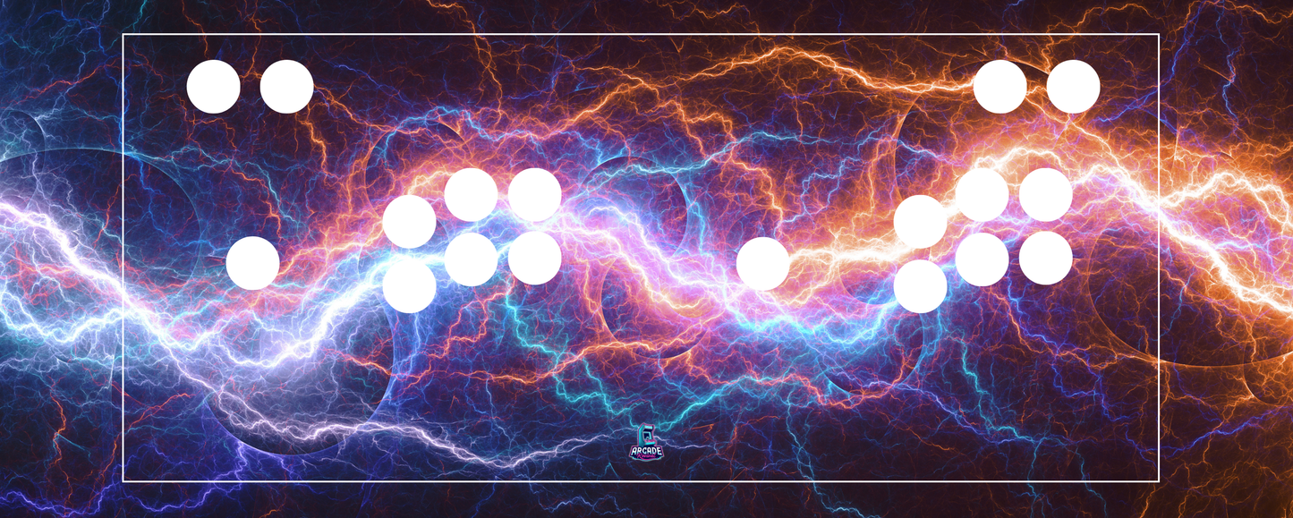Voltage Storm arcade control panel design with button layout overlay, showcasing a vibrant electric background for arcade cabinet builds