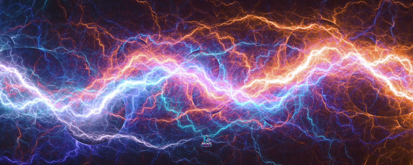 Voltage Storm arcade control panel artwork featuring a high-energy lightning design in neon colours, sized for arcade cabinet wraps