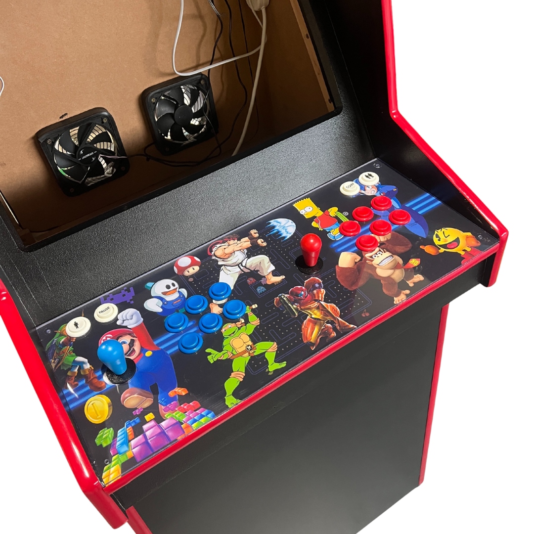 Close-up of Arcade Revival control panel featuring vibrant character artwork, joysticks, buttons, red T-moulding, and twin cooling fans installed inside arcade cabinet.