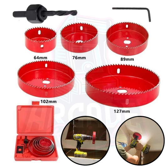 Hole saw drill bit set with multiple sizes for arcade cabinet builds – includes 64mm to 127mm saws, case, and drill adapter for cutting button and speaker holes
