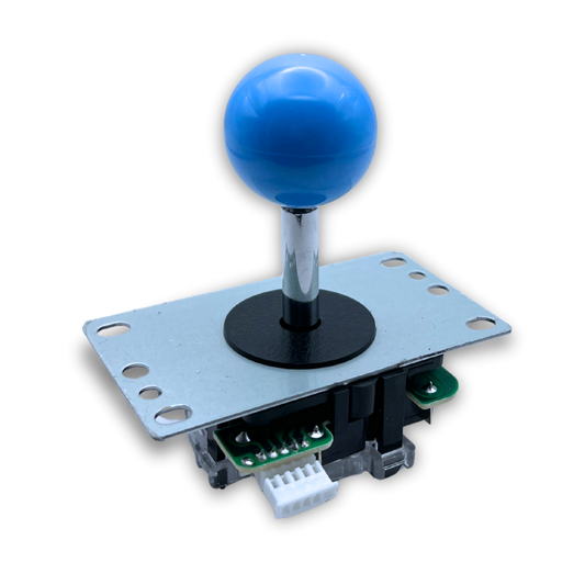Blue ball top arcade joystick mounted on metal joystick base