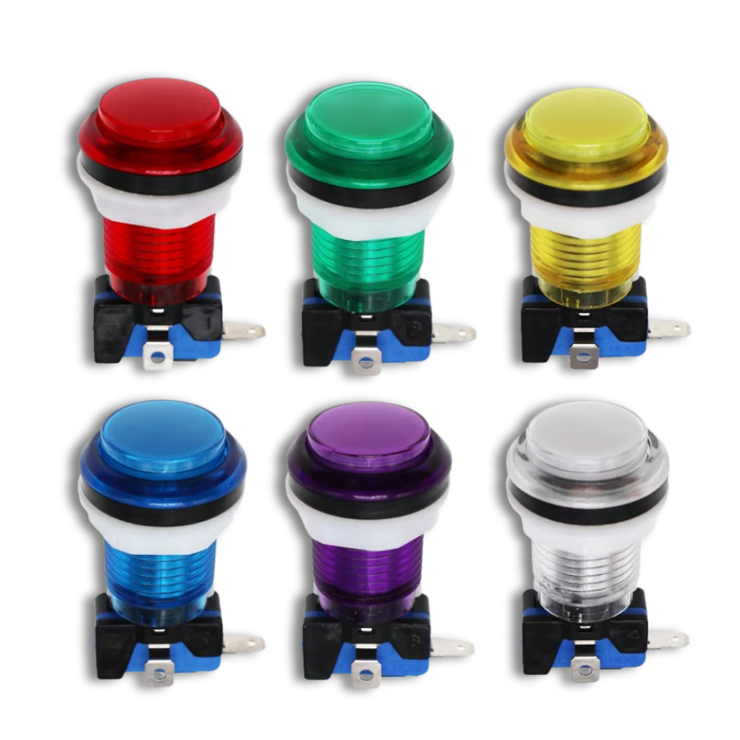 Set of 6 multicolour LED arcade buttons – red, green, yellow, blue, purple, and white – 12V illuminated for custom arcade builds – Arcade Revival