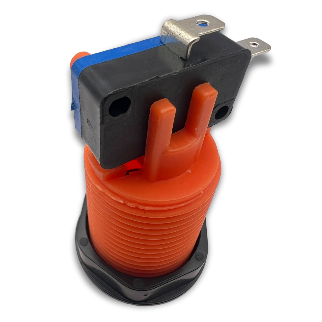 Close-up of orange arcade button terminals for wiring