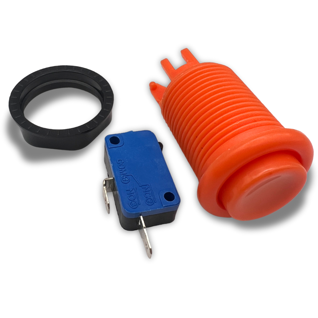 Orange arcade button disassembled: shell, micro switch, and nut