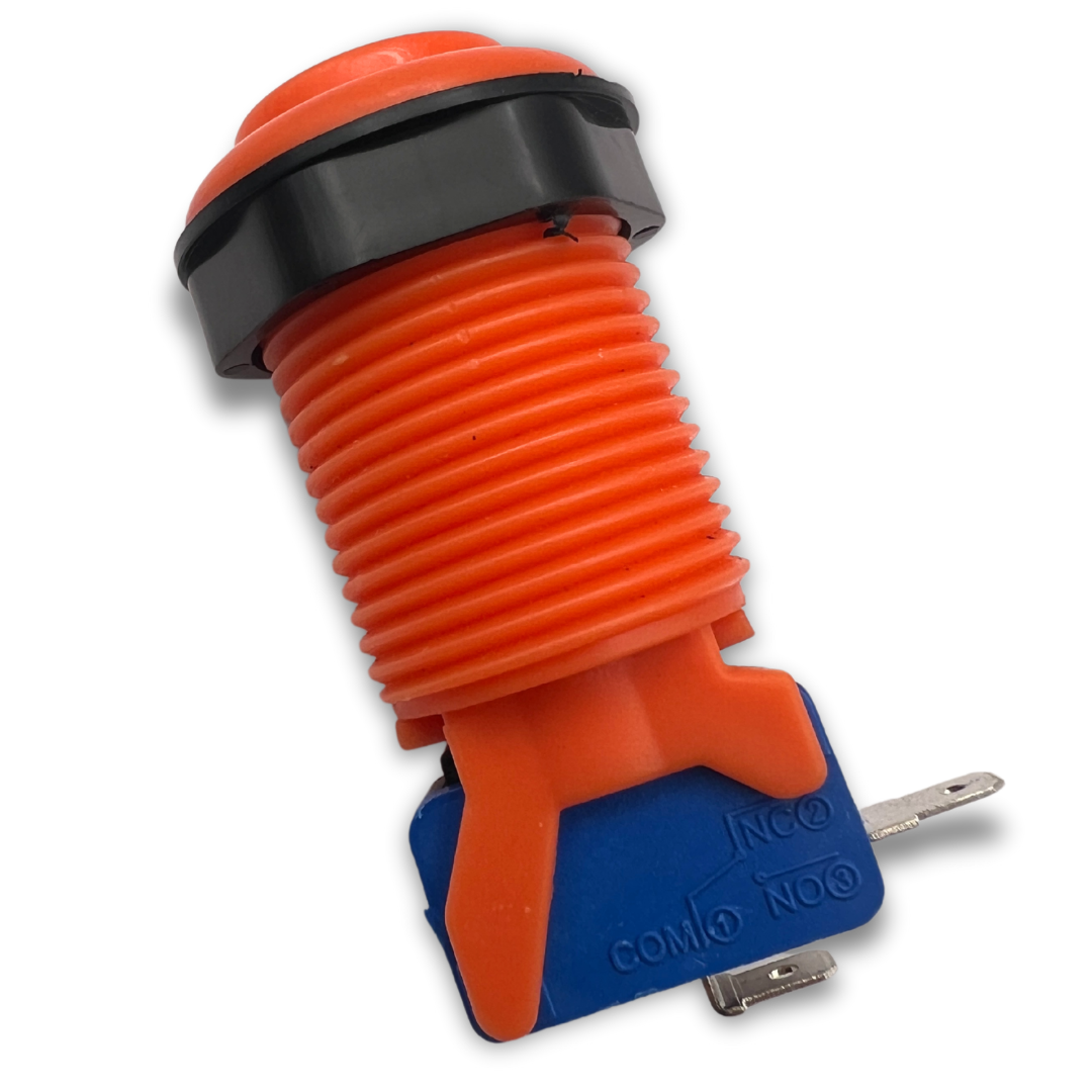 Rear view showing orange arcade button with blue micro switch