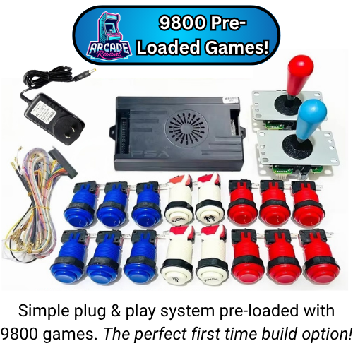 Simple plug and play arcade system kit with 9800 pre-loaded games, including buttons, joysticks, power supply, and wiring — ideal first-time arcade build option.