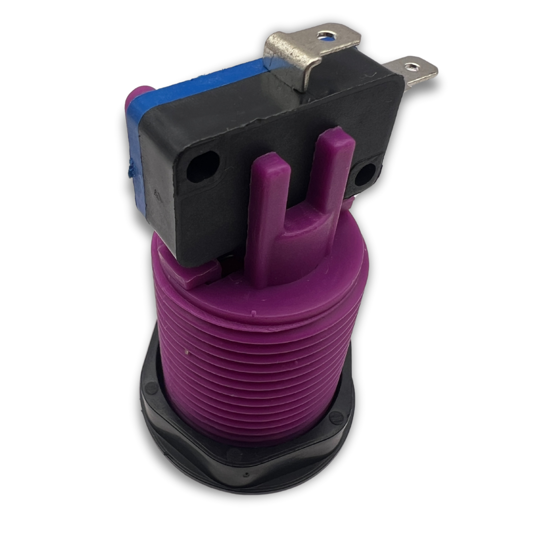 Rear view of purple arcade button showing micro switch and connectors