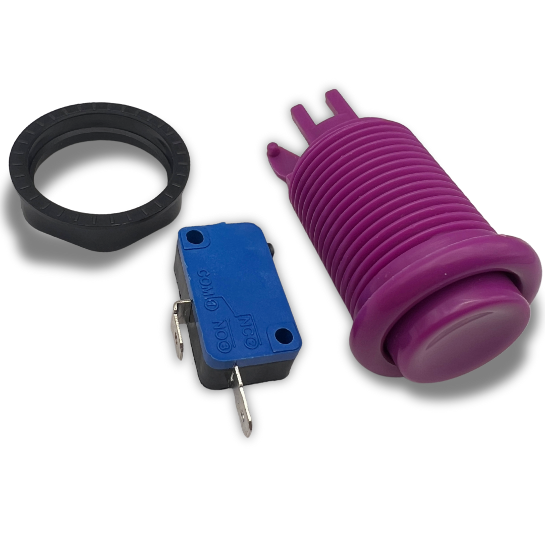 Disassembled purple arcade push button with ring and switch