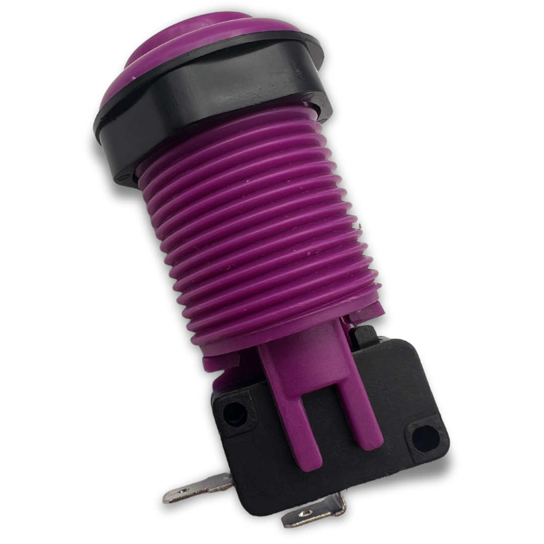 Side view of purple arcade button with black micro switch installed
