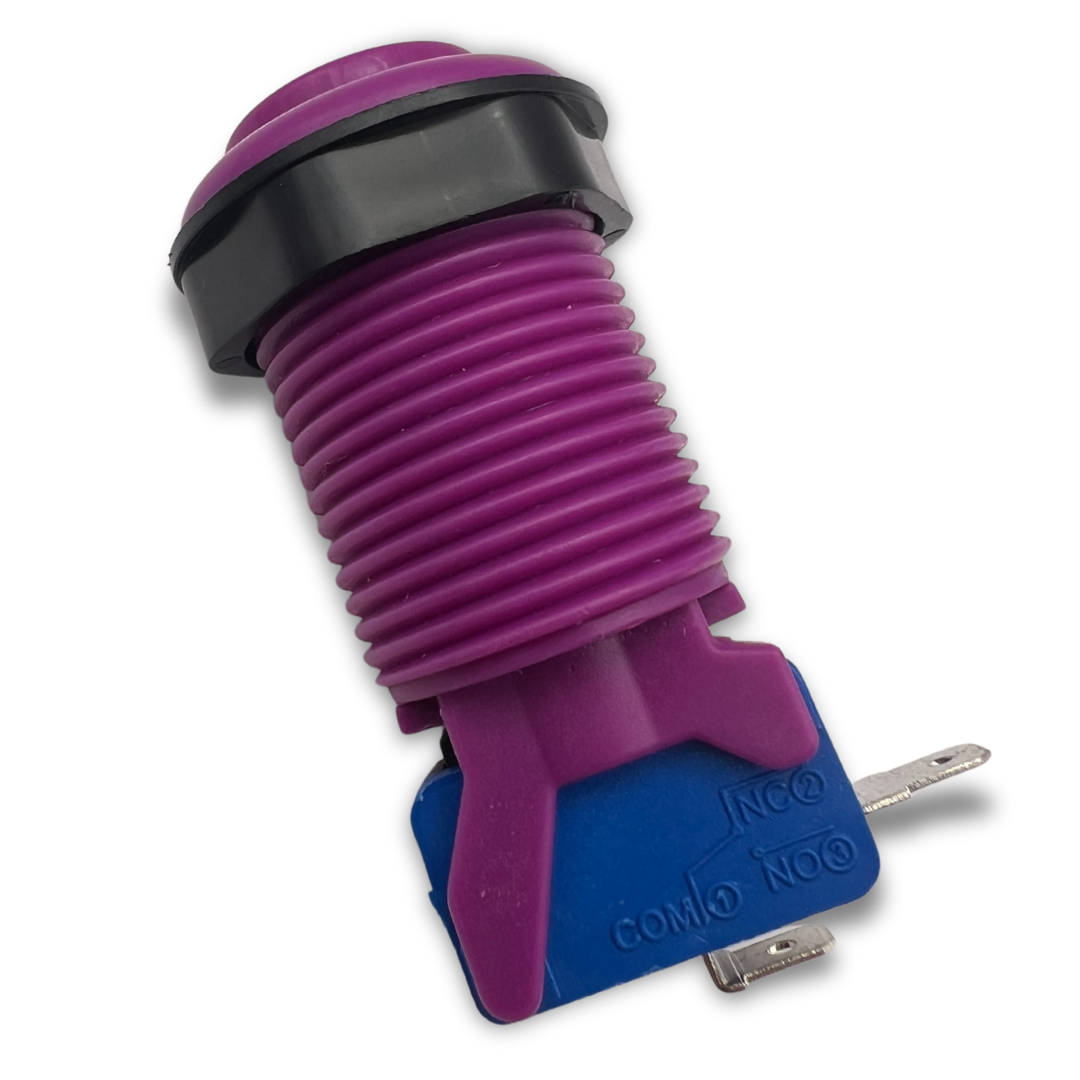 Purple arcade push button featuring blue micro switch, side view