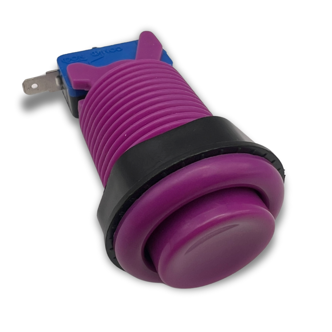 Purple arcade push button with side view showing threaded design and micro switch