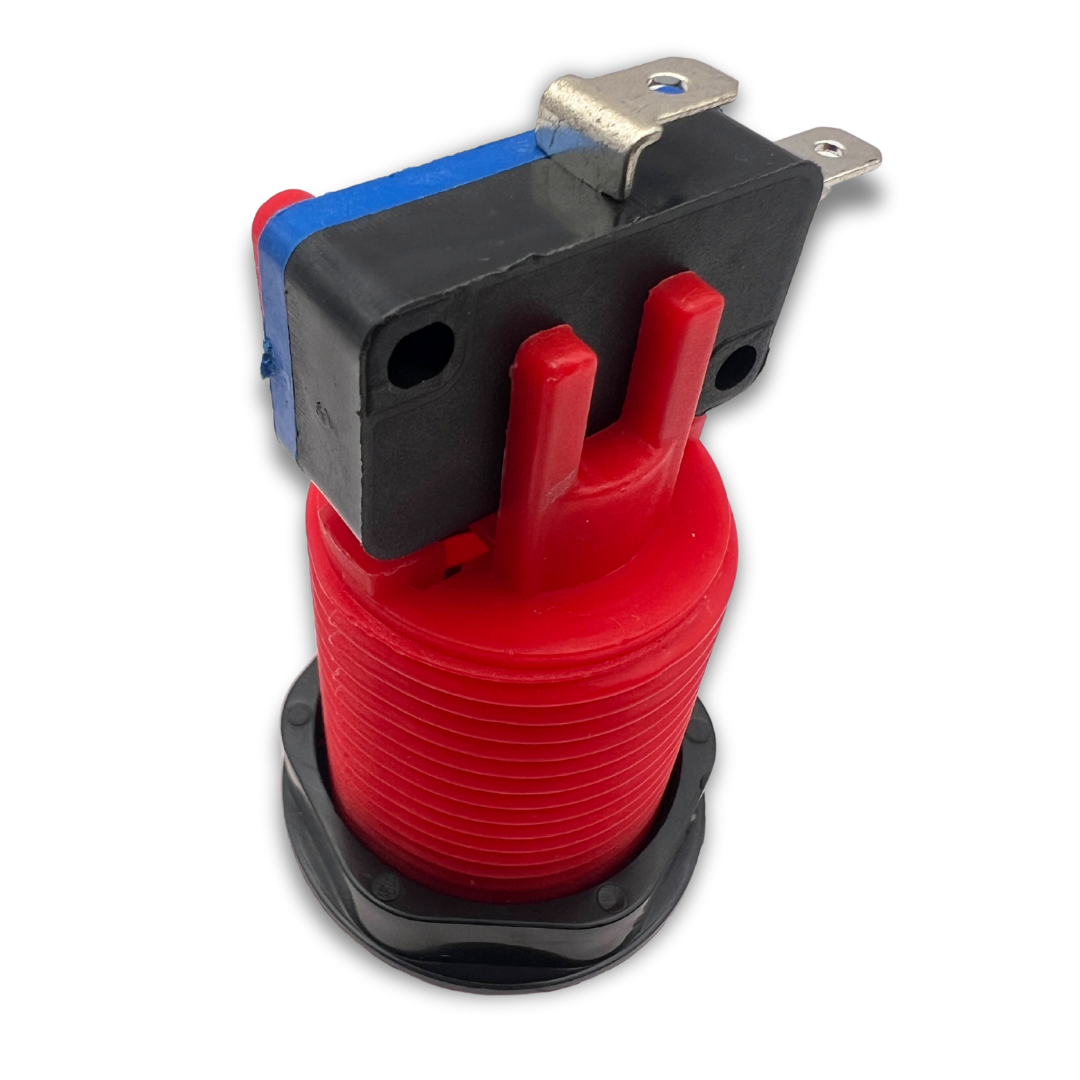Back view of red arcade button displaying switch and connectors