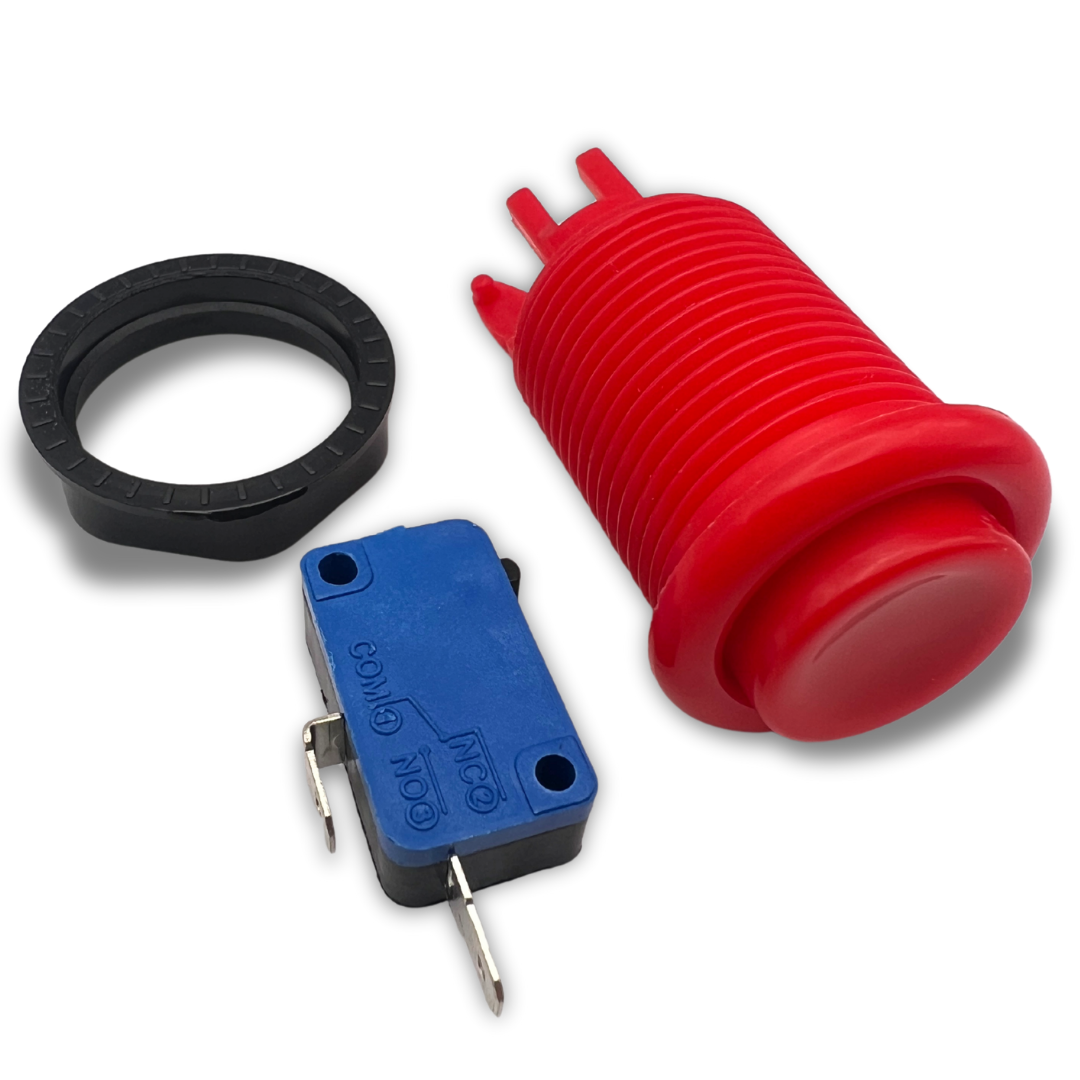 Disassembled red arcade push button showing all parts