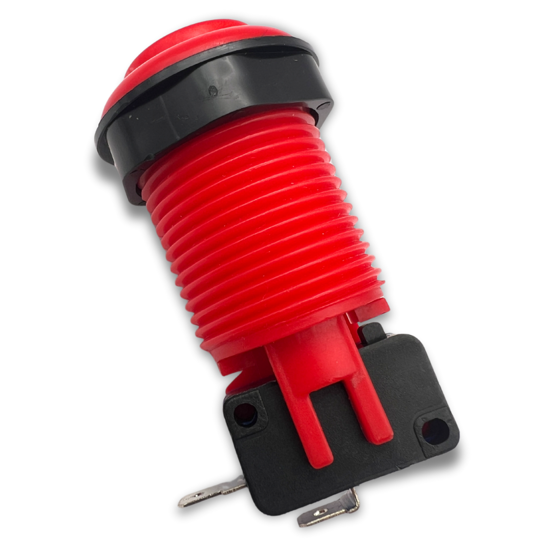 Side view of red arcade push button featuring black micro switch