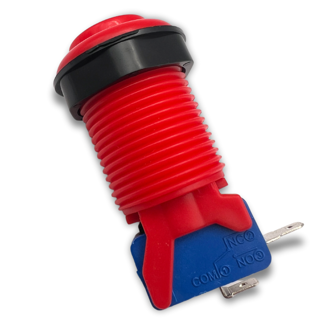 Red arcade push button with blue micro switch, side view