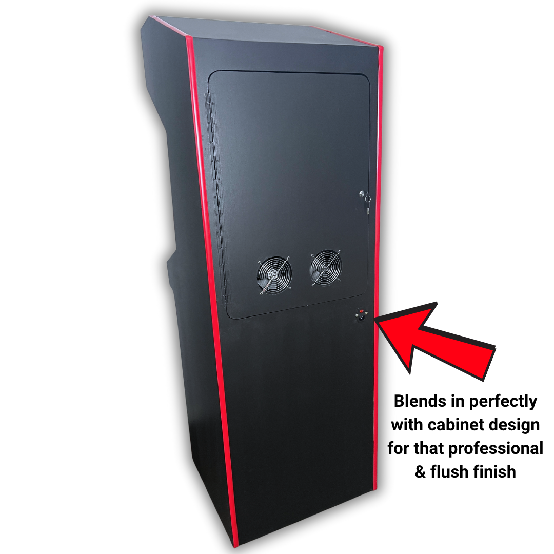 Full arcade cabinet with red trim featuring installed C14 switch for flush and professional power setup – Arcade Revival.
