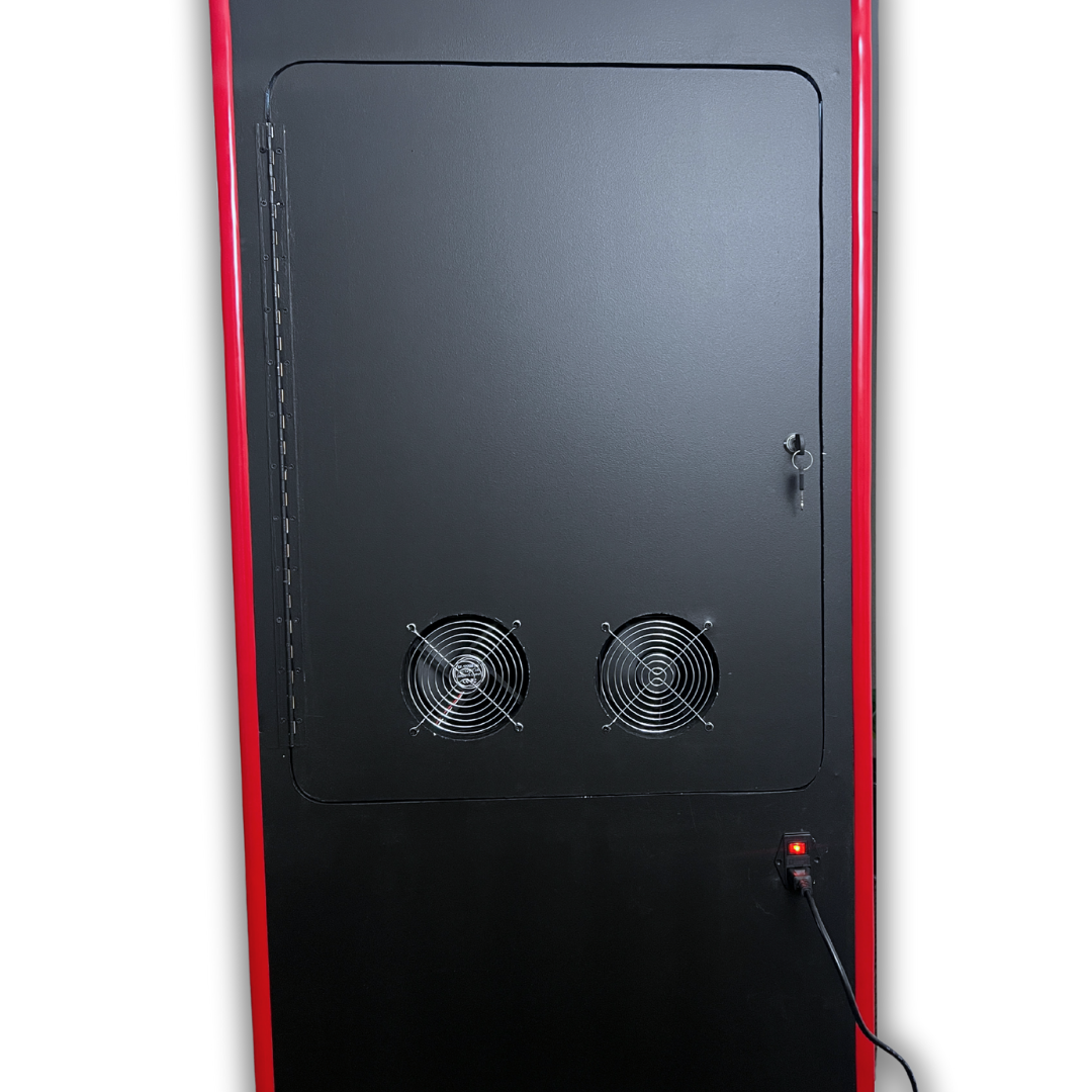 Rear view of arcade cabinet showing installed C14 power switch and dual cooling fans – Arcade Revival build example.